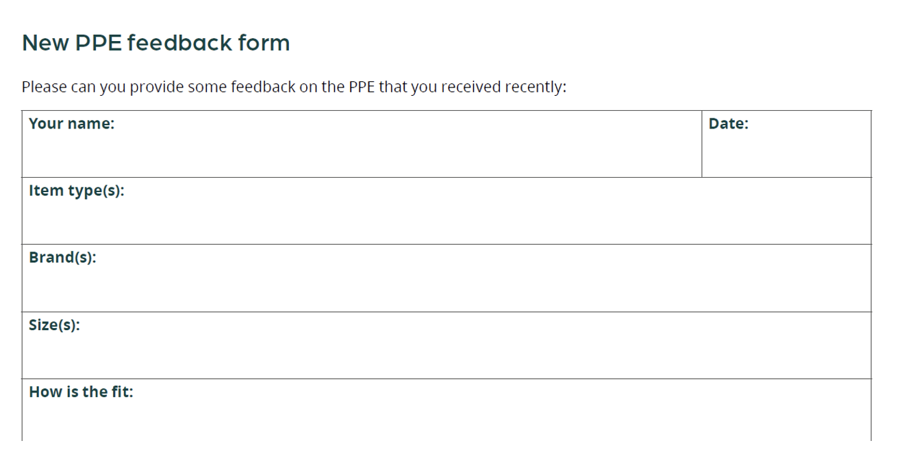 PPE feedback form