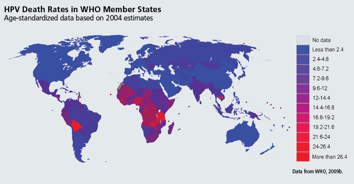 death from HPV by WHO member states 2004