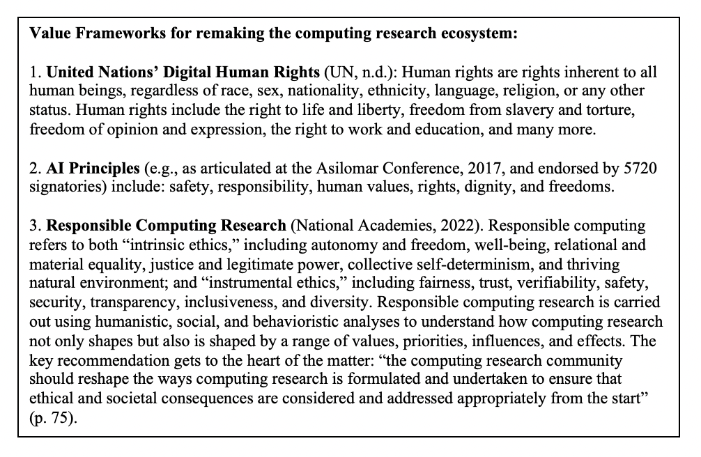Value Frameworks for remaking the computing research ecosystem